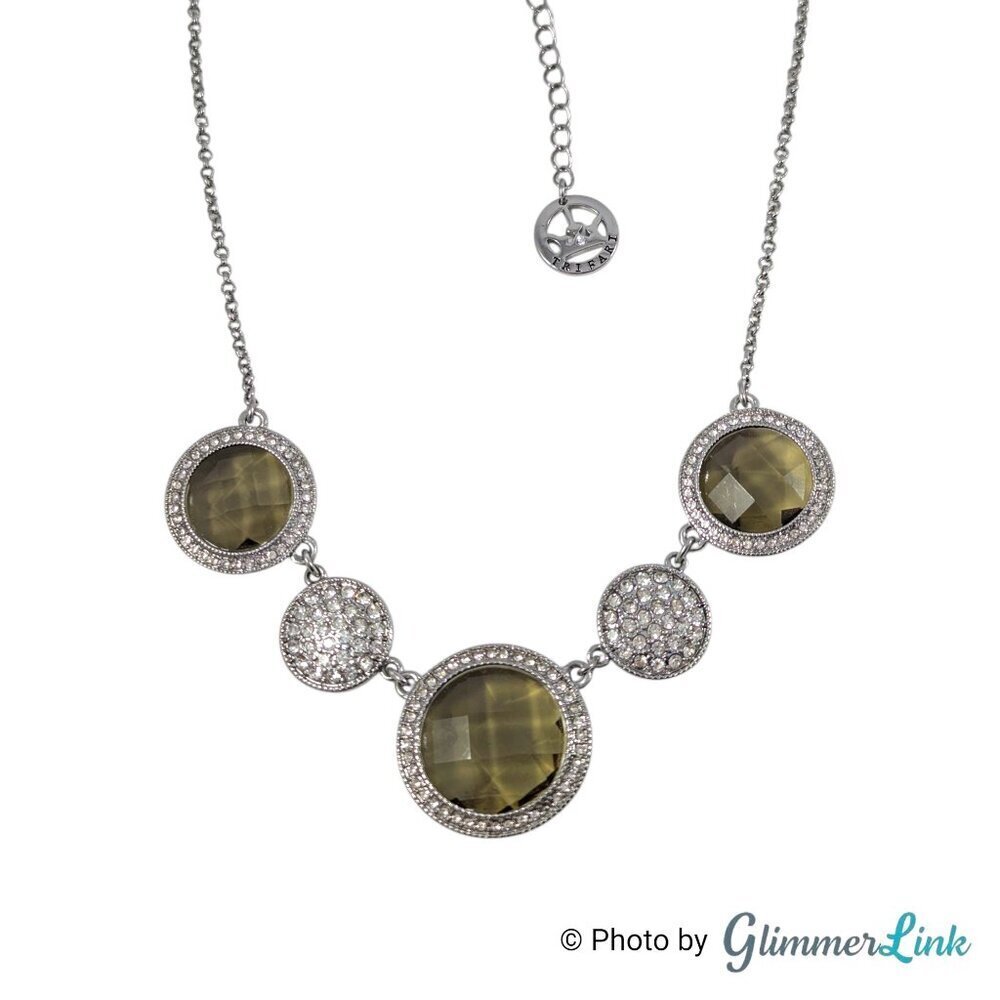 Trifari Silver Tone Statement Necklace Green Faceted & Clear Pave Circles